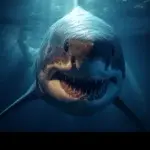 Glowing white shark with open mouth: Majestic underwater beauty