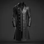Design a long black leather coat with latex sleeves