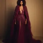 Sheer Glittery Cranberry Tulle Robe with Draped Hood: Fashion Glam